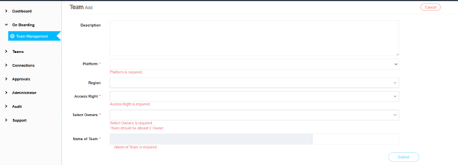Team Configuration Screen