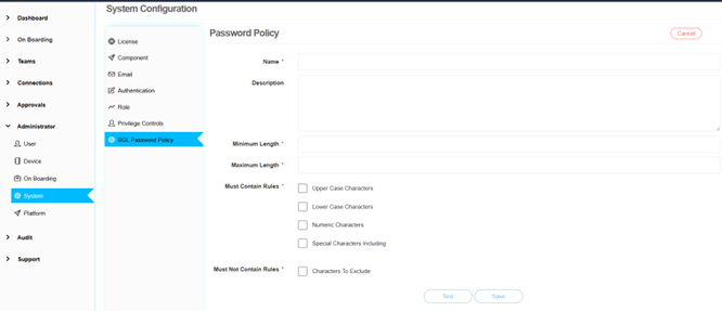 BGL Password Policy Screen